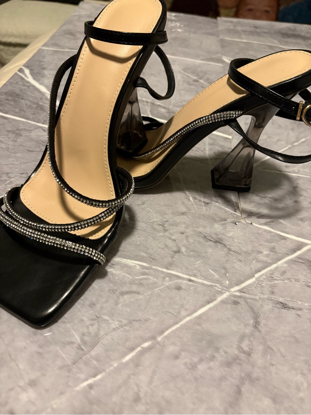 Black Rhinestone Strap Clear Block Heel Sandals - Women